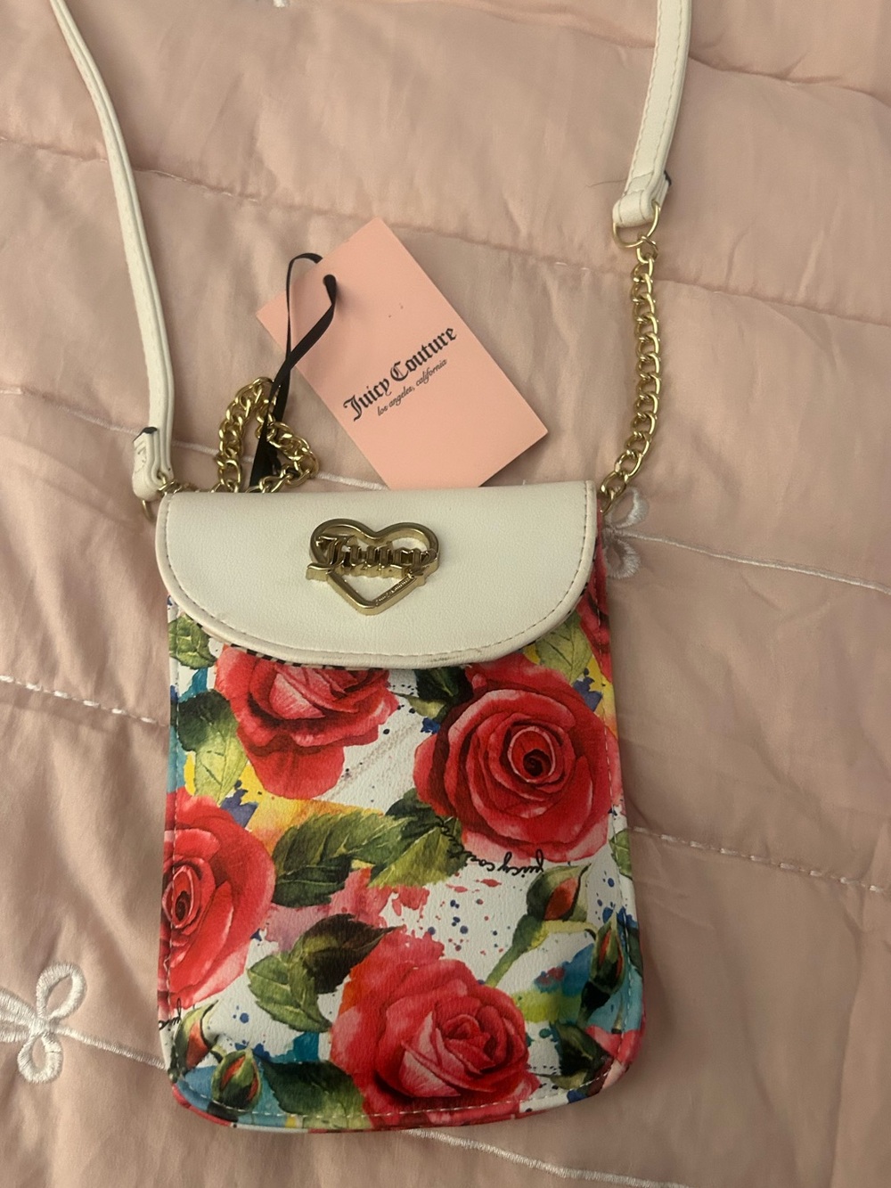Juicy Couture White Floral Rose Crossbody Phone & Wallet bag wHeart Accent, NWT